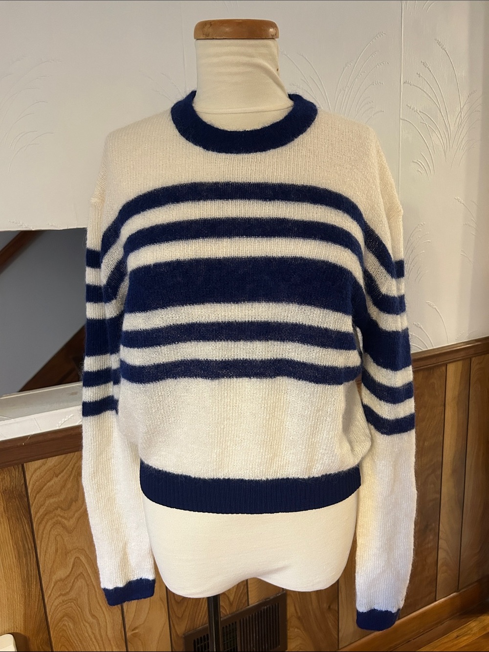 Tommy Hilfiger Navy and Cream Striped Crewneck Sweater